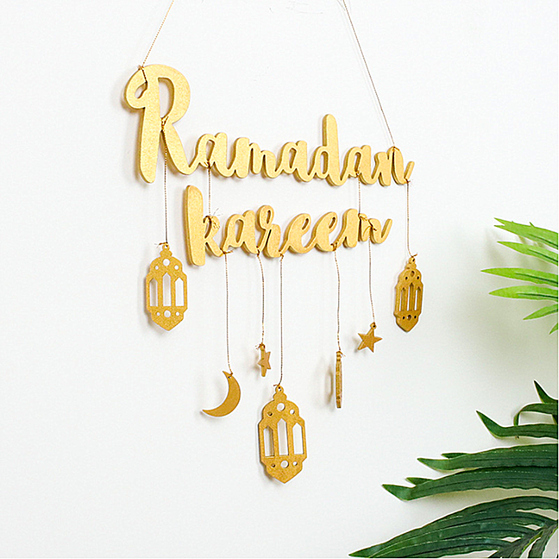 Ramadan Kareem Letters Wooden Pendant Ornament Star and Moon Wall Hanging, 